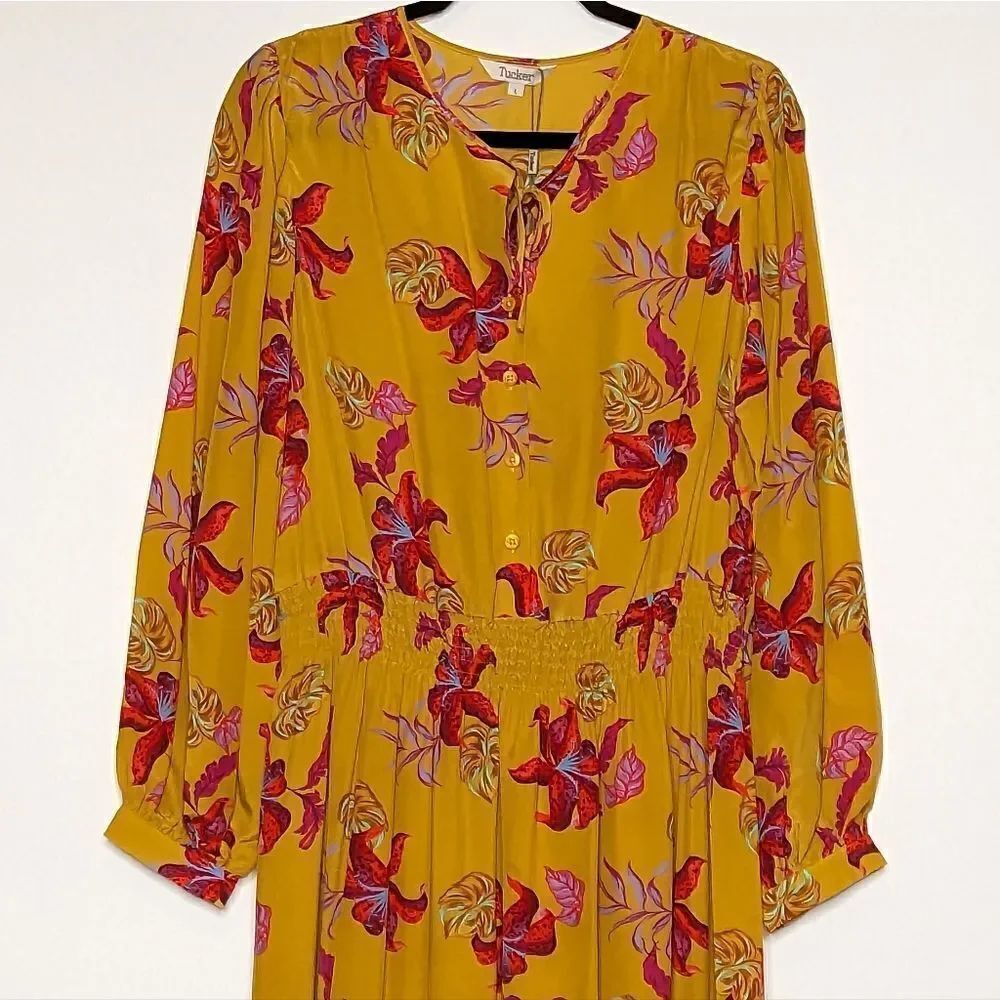 Tucker Juliette Dress Lime Lily in Silk Crepe de Chine Midi Long Sleeves Floral